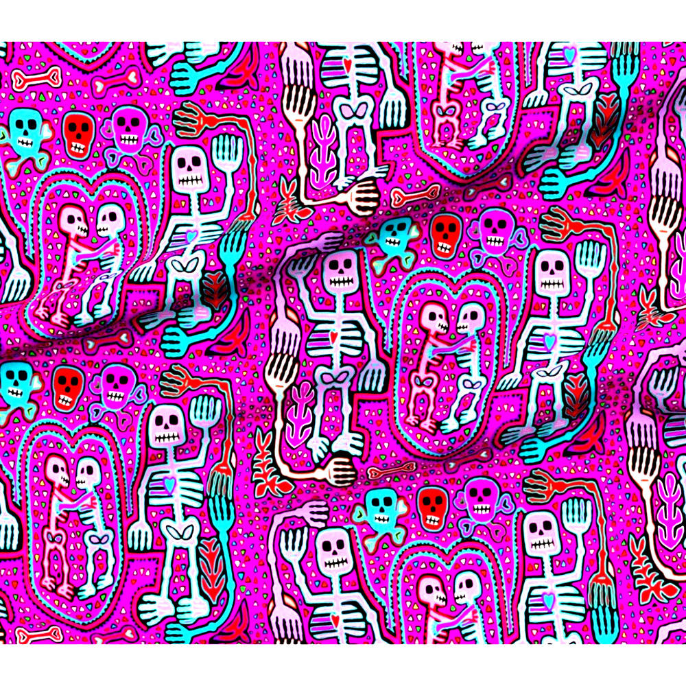 Day of Dead Spooky Skeleton Dance Party Halloween Poly Crepe de Chine Fabric